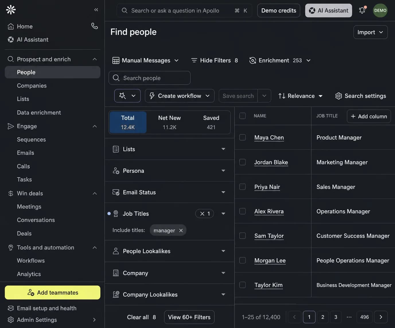 Sanitized Apollo people search showing prospect filters and results
