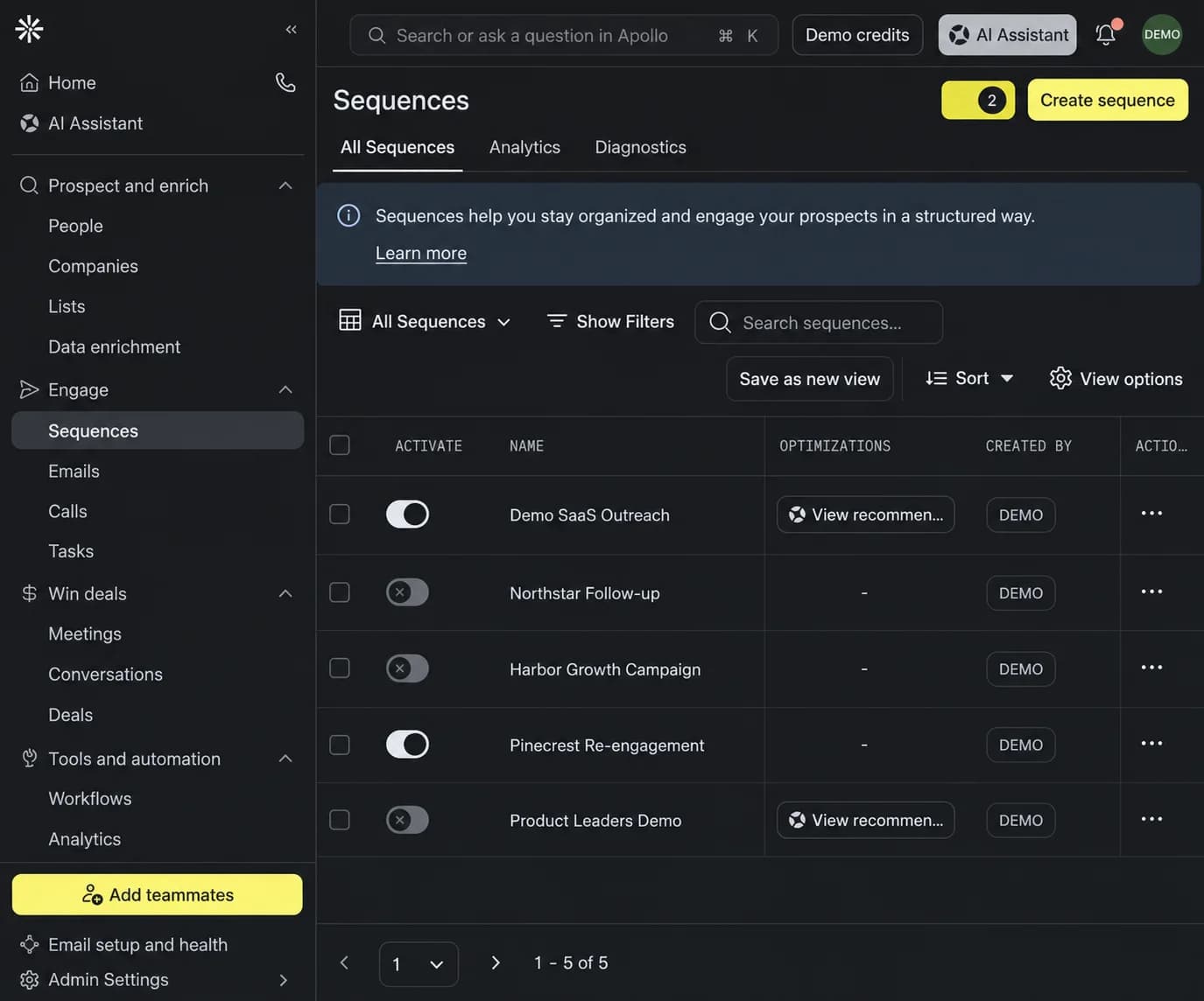 Sanitized Apollo sequences screen showing outreach campaign management