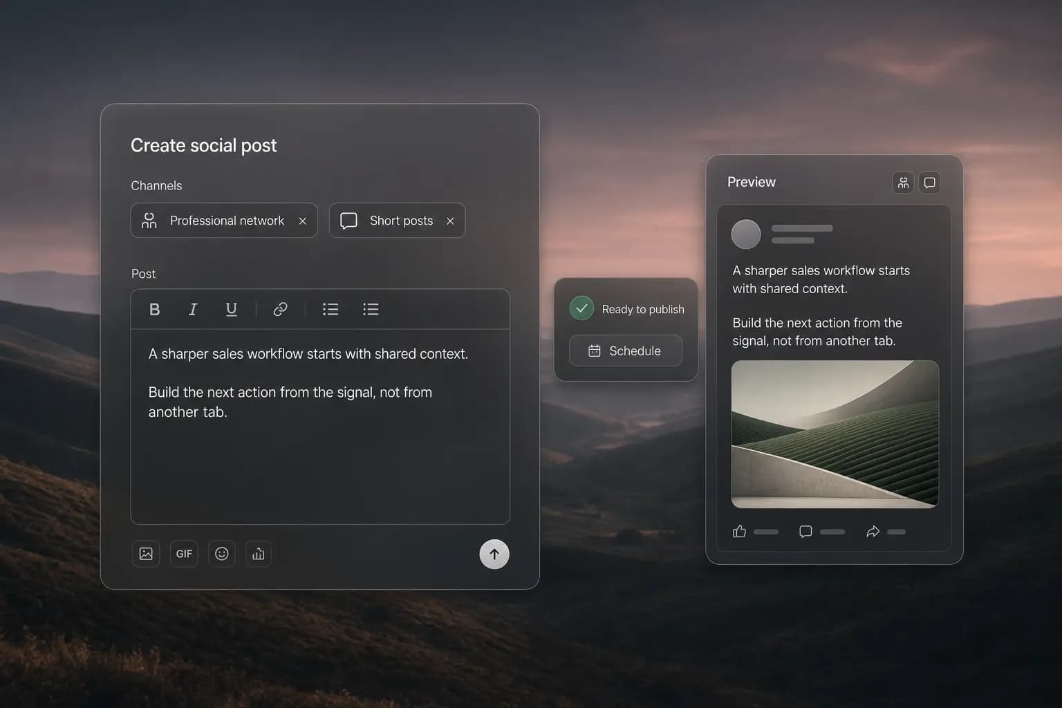 Gen-X social post composer with a scheduled post preview