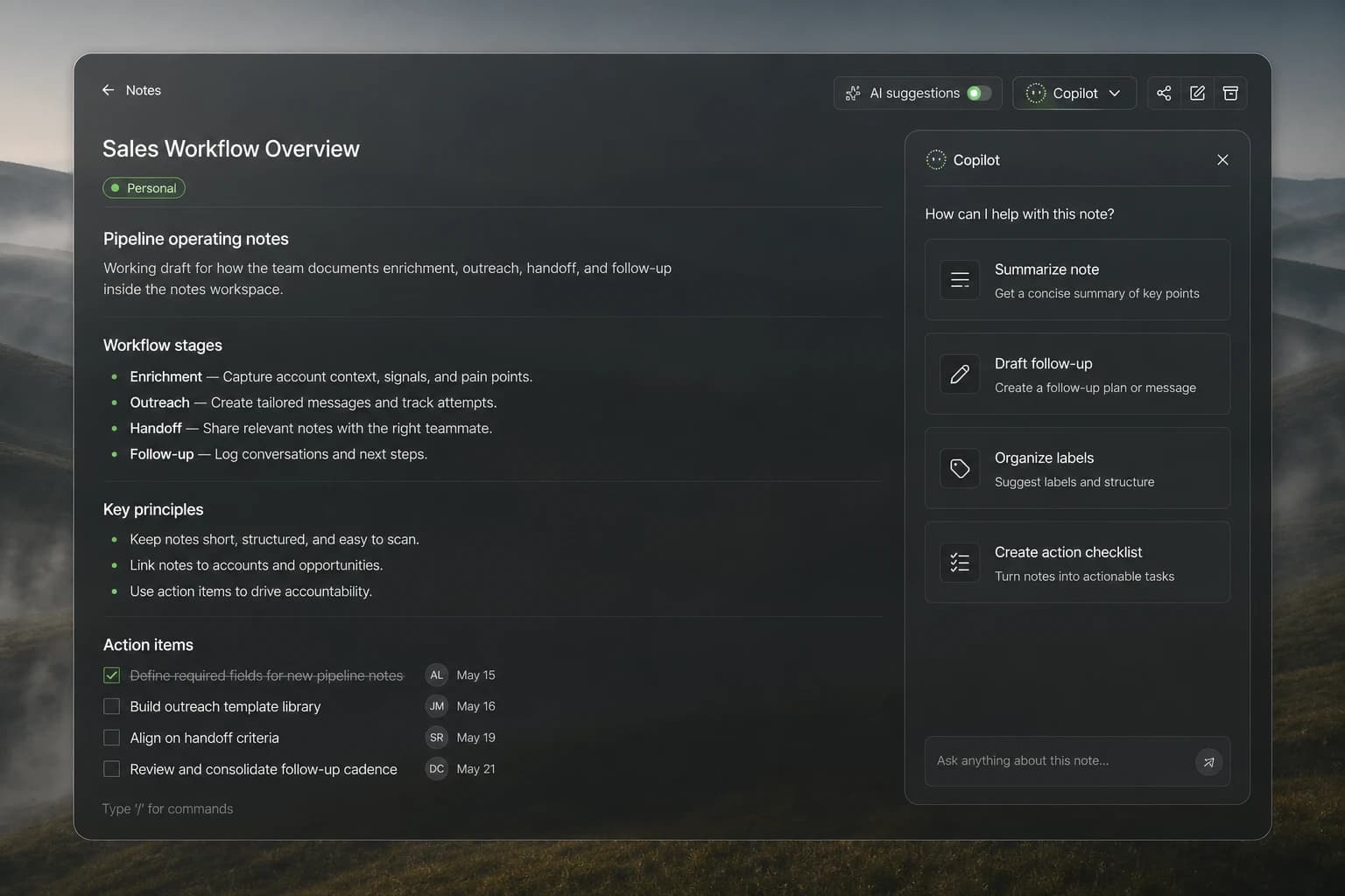 Gen-X AI Notes workspace summarizing sales context and creating an action checklist