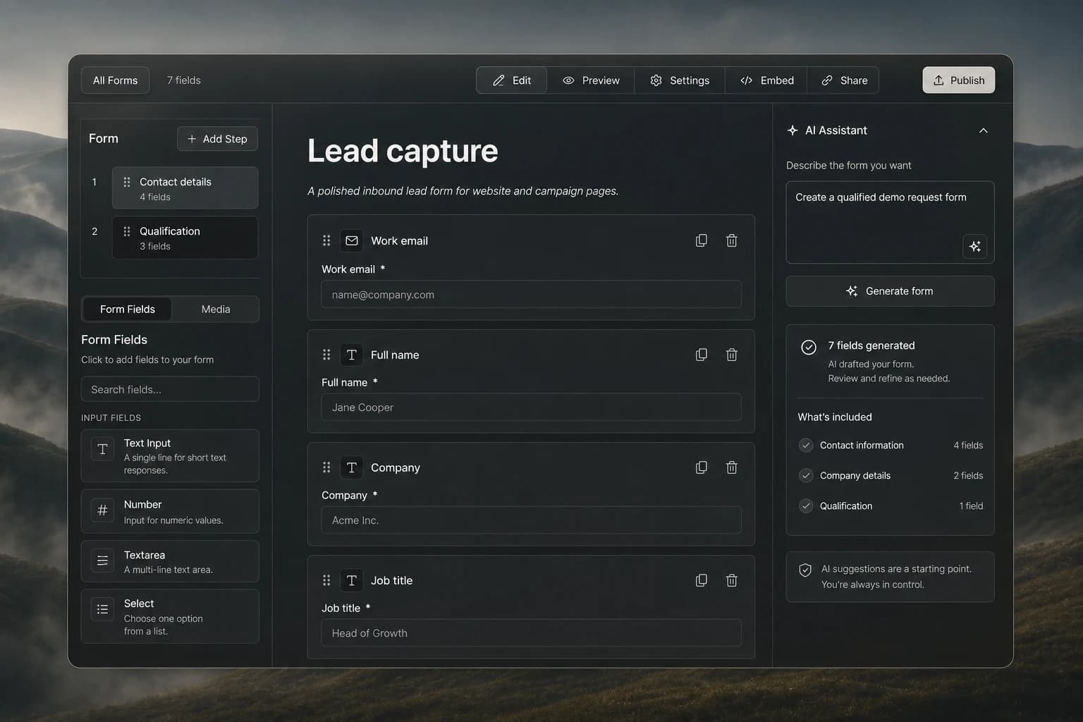 Gen-X AI online form builder creating a qualified lead capture form