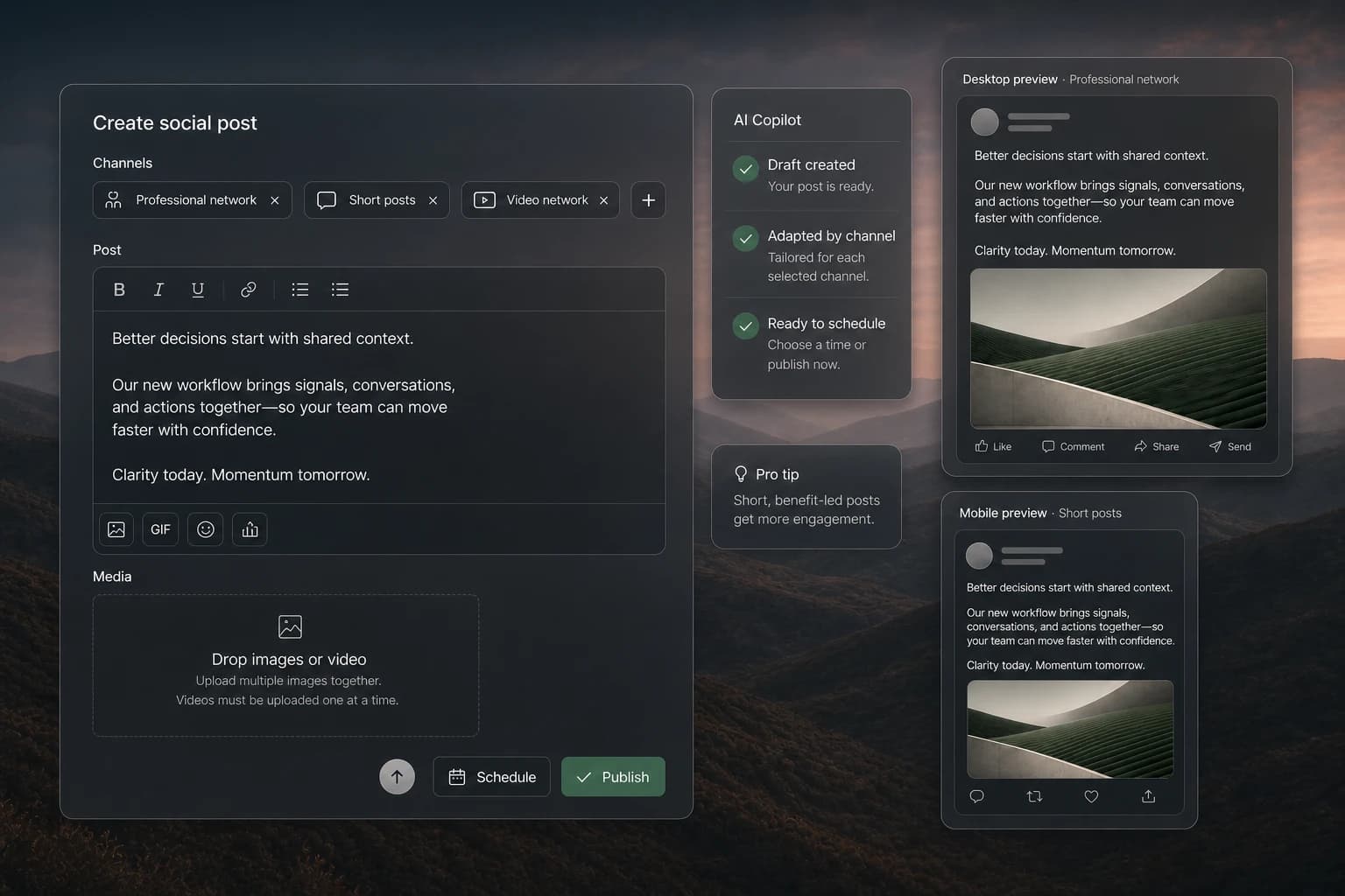 Gen-X AI social media scheduler adapting a post for multiple channels