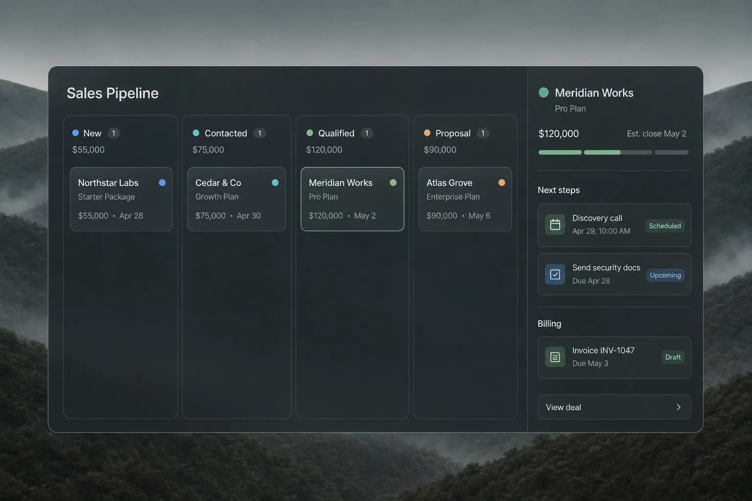 Gen-X revenue operations workspace connecting pipeline, meetings, tasks, and invoices