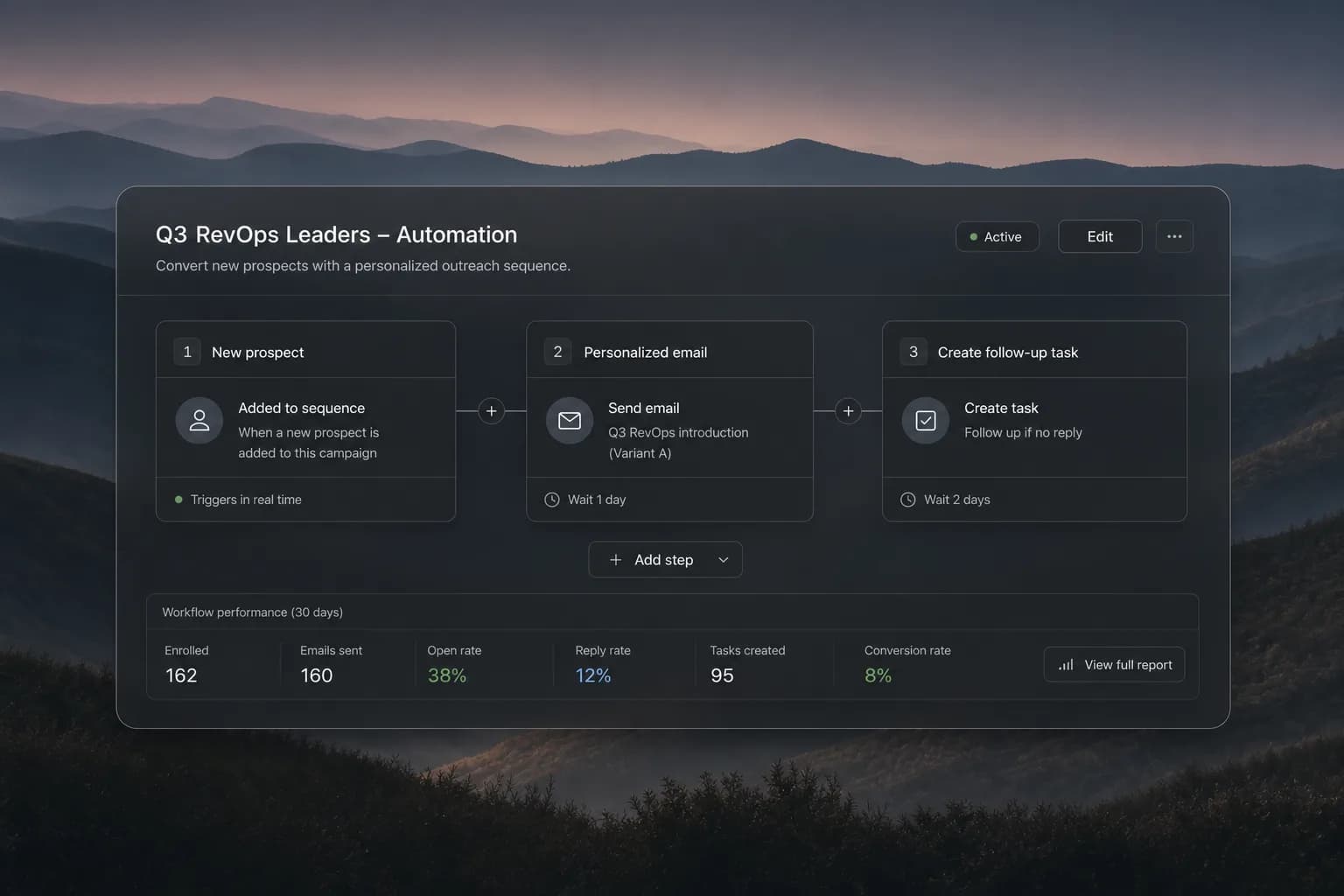 Gen-X sales automation workflow connecting prospects, email, and follow-up tasks